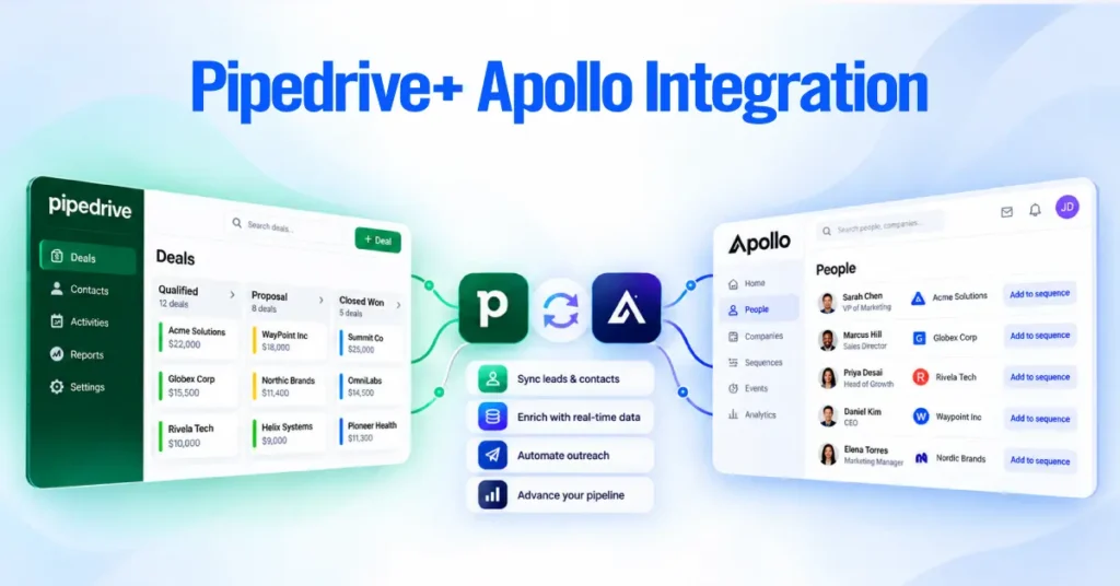 Pipedrive deals board and Apollo people list linked by a two-way sync icon