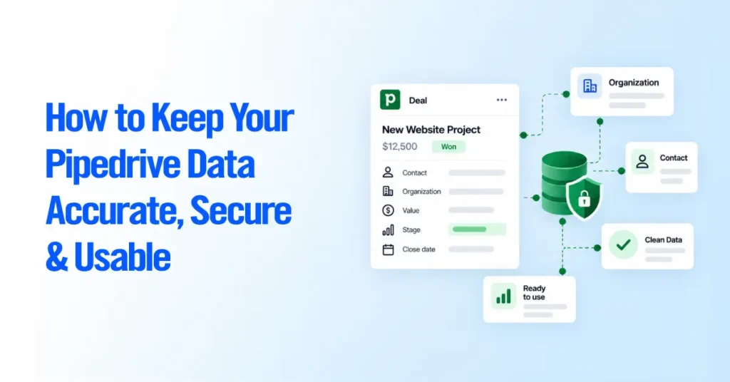 Pipedrive deal card linked to organization, contact and clean data records