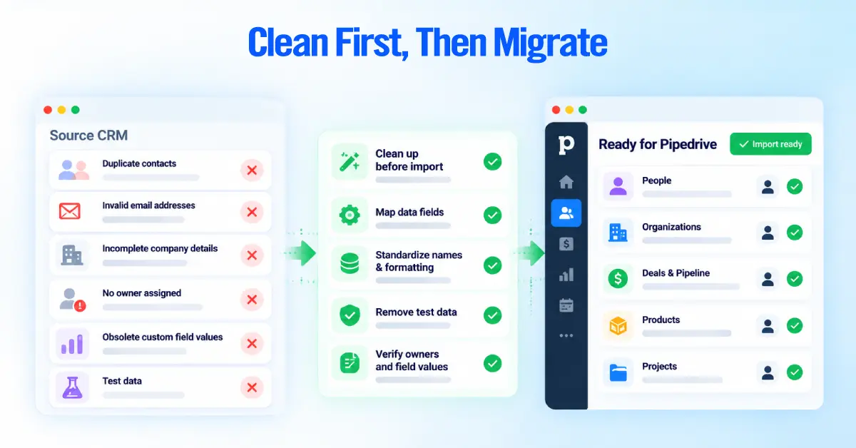 Checklist showing source CRM problems like duplicates and test data being cleaned before a Pipedrive import