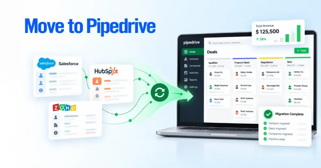 Illustration of Salesforce, HubSpot and Zoho CRM records flowing into a Pipedrive deals pipeline